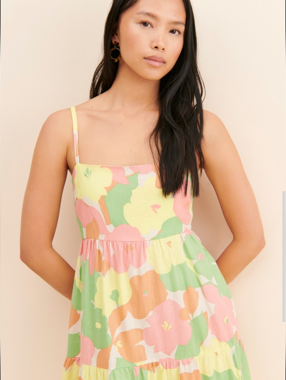SANCTUARY Getaway Floral Smocked Back Spaghetti Strap Tiered Midi Dress Size L - Picture 2 of 16